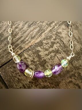 Purple and Light Green Semi precious Stones!! Sterling Silver chain 21”